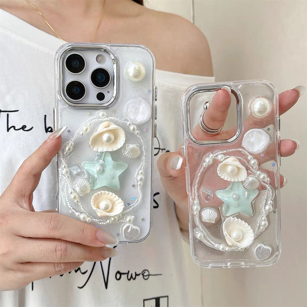 S108 - Trendy Girly Phone Case with 3D Seashells, Starfish & Pearls – Soft Silicone Cover, Anti-Fingerprint & Drop Protection, Handmade Detailing - KwmSHOP