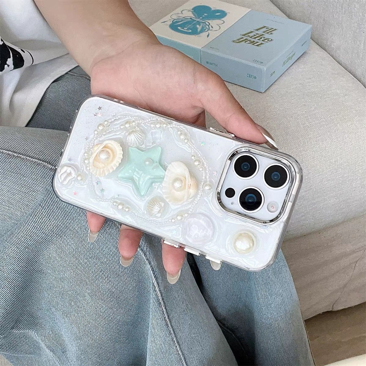 S108 - Trendy Girly Phone Case with 3D Seashells, Starfish & Pearls – Soft Silicone Cover, Anti-Fingerprint & Drop Protection, Handmade Detailing - KwmSHOP