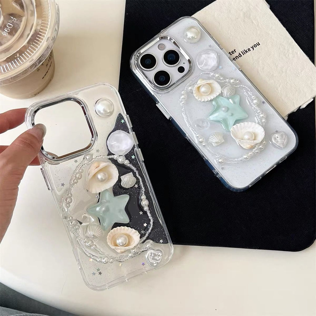 S108 - Trendy Girly Phone Case with 3D Seashells, Starfish & Pearls – Soft Silicone Cover, Anti-Fingerprint & Drop Protection, Handmade Detailing - KwmSHOP
