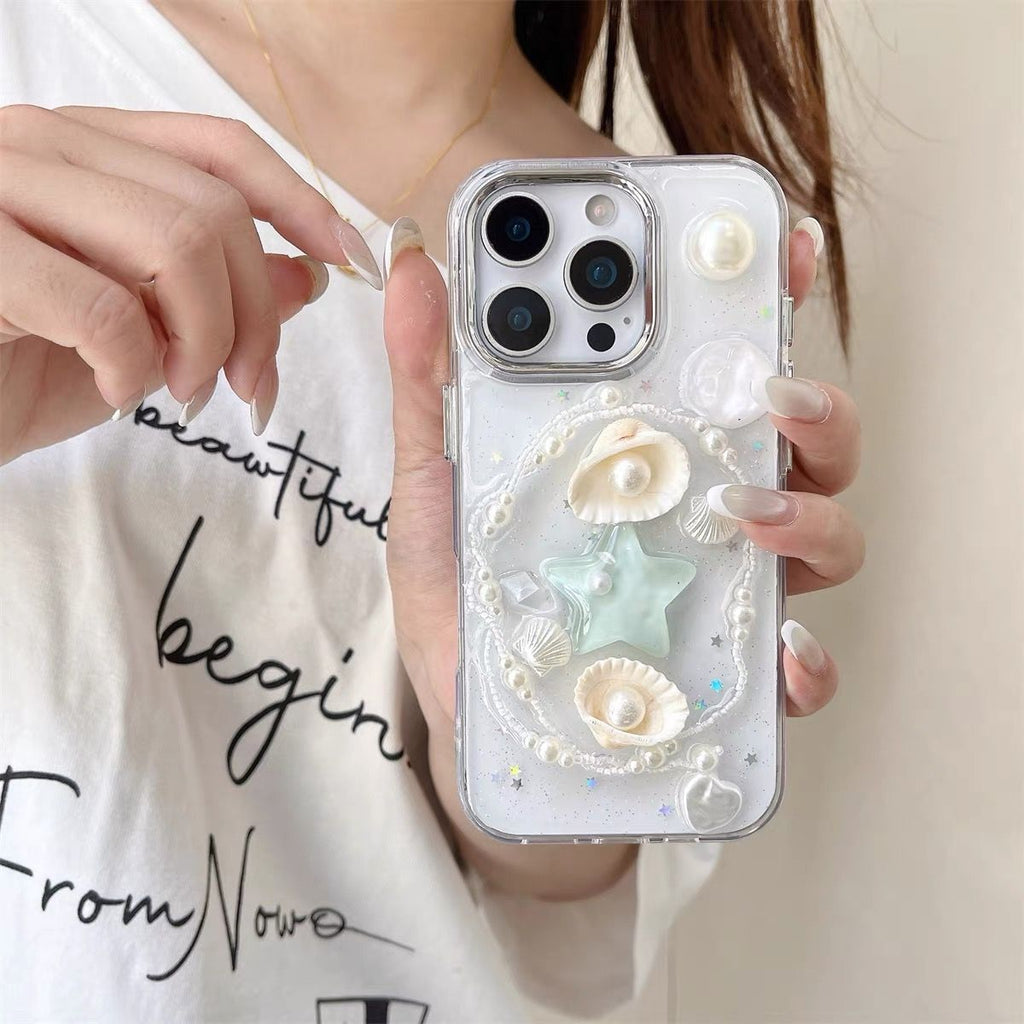 S108 - Trendy Girly Phone Case with 3D Seashells, Starfish & Pearls – Soft Silicone Cover, Anti-Fingerprint & Drop Protection, Handmade Detailing - KwmSHOP
