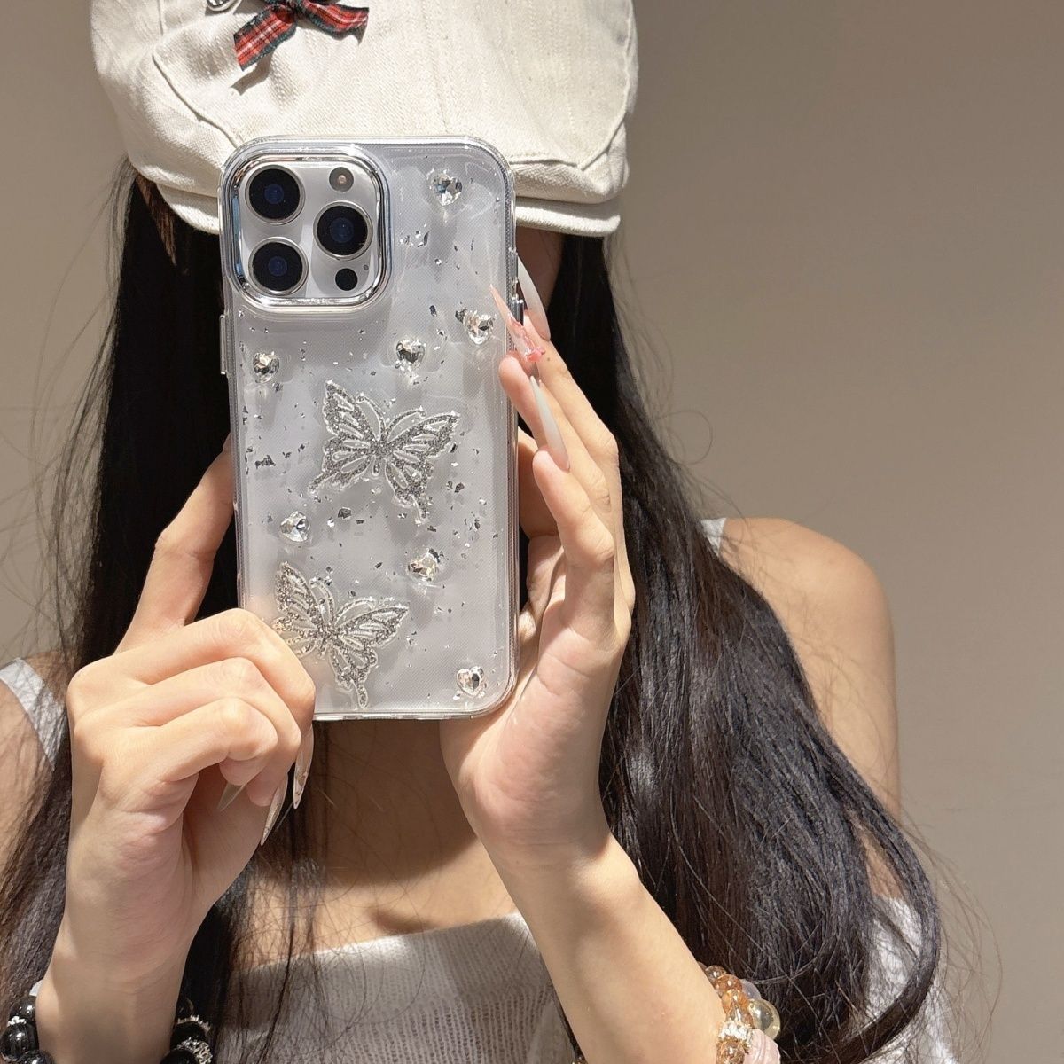 S109 - Shockproof Clear Phone Case – 3D Butterfly & Crystal Decor with Glitter Accents, Anti-Fingerprint & Drop Protection
