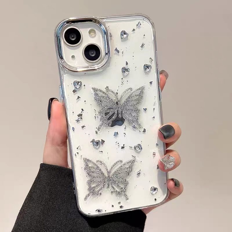 S109 - Shockproof Clear Phone Case – 3D Butterfly & Crystal Decor with Glitter Accents, Anti-Fingerprint & Drop Protection