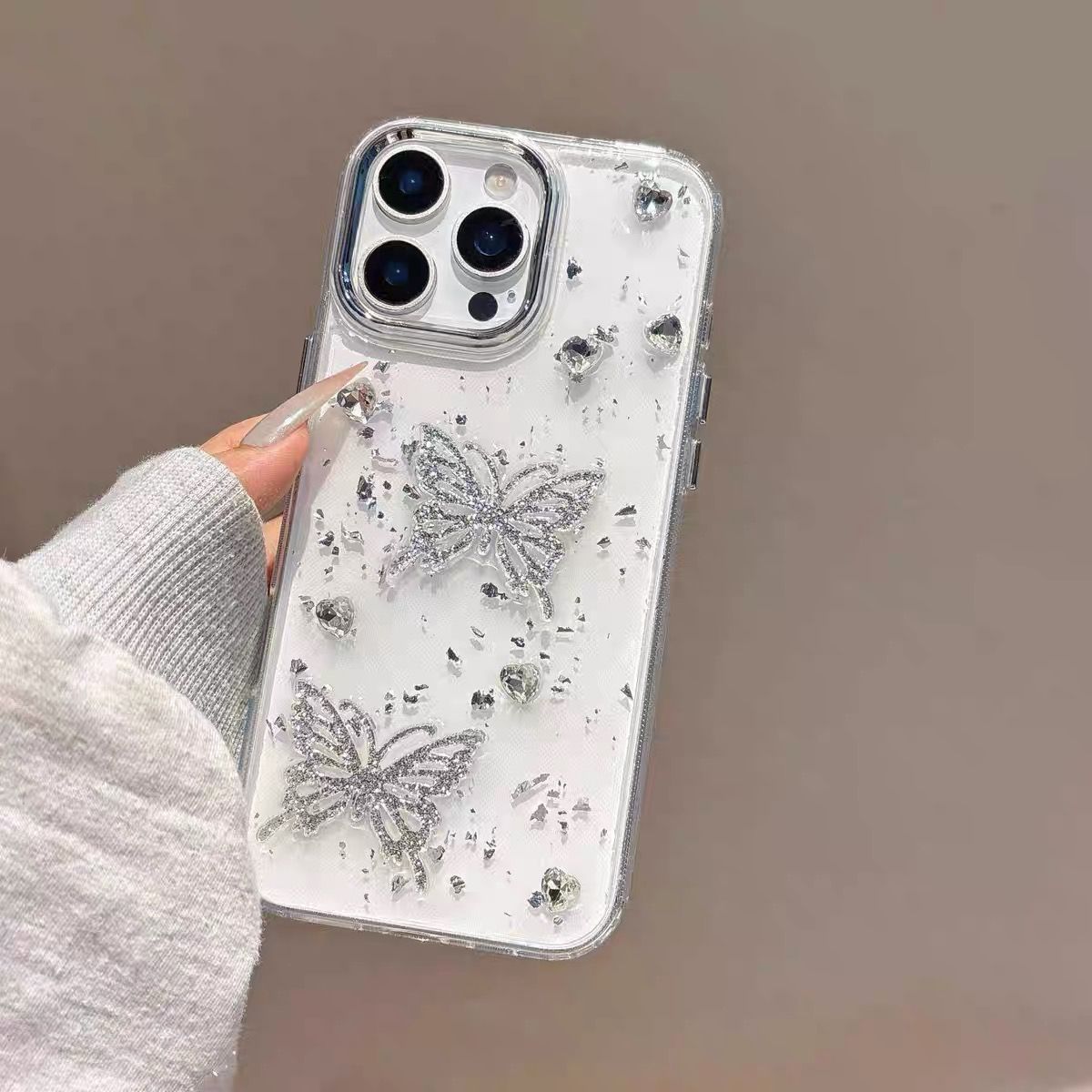 S109 - Shockproof Clear Phone Case – 3D Butterfly & Crystal Decor with Glitter Accents, Anti-Fingerprint & Drop Protection