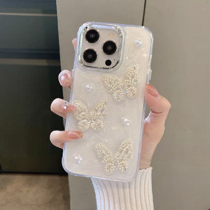 S111 - Trendy Girly Phone Case with 3D Butterflies, Pearls & Rhinestones – Soft Silicone Cover, Elegant Shine & Grip
