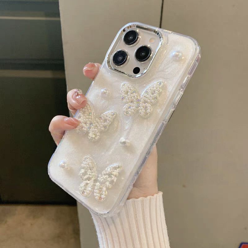 S111 - Trendy Girly Phone Case with 3D Butterflies, Pearls & Rhinestones – Soft Silicone Cover, Elegant Shine & Grip