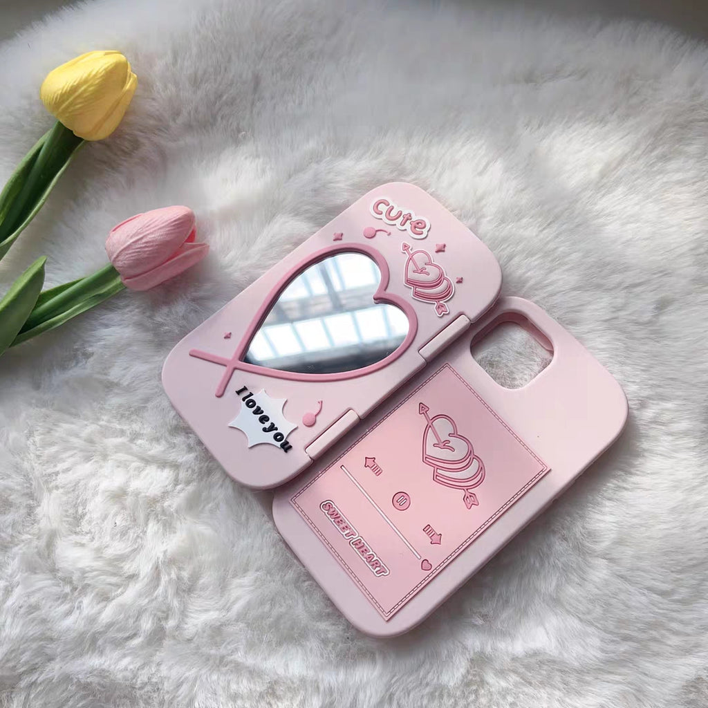 Cute Love Mirror Hot Pink clamshell silicone phone case for iPhone 16 15 Pro 14 13 Pro Max 15 Shockproof soft cover Girl Gift - Q214