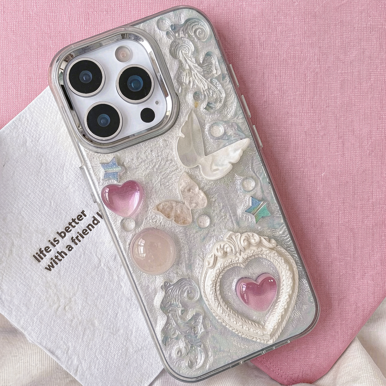 S105 - Romantic Epoxy Resin Phone Case with 3D Hearts & Butterflies – Cute Girly Style Soft TPU Bumper, Sparkle Finish