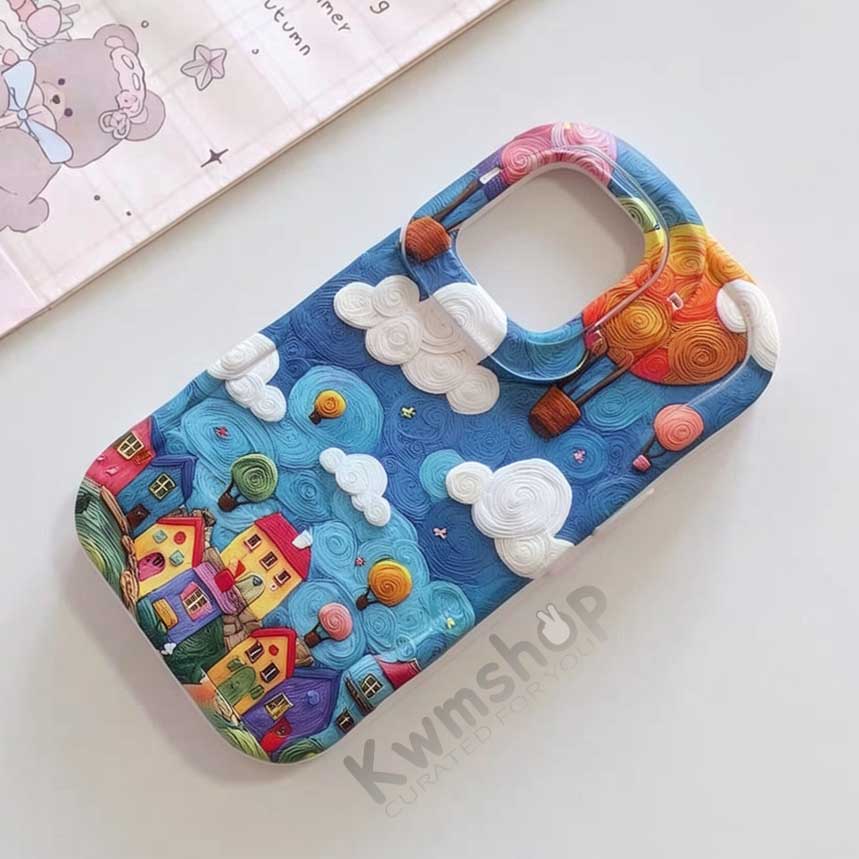 Q109 - Colorful Oil Painting Town Phone Case With Rotating Stand