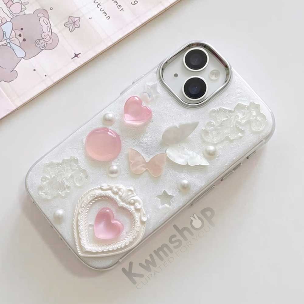 S105 - Romantic Epoxy Resin Phone Case with 3D Hearts & Butterflies – Cute Girly Style Soft TPU Bumper, Sparkle Finish