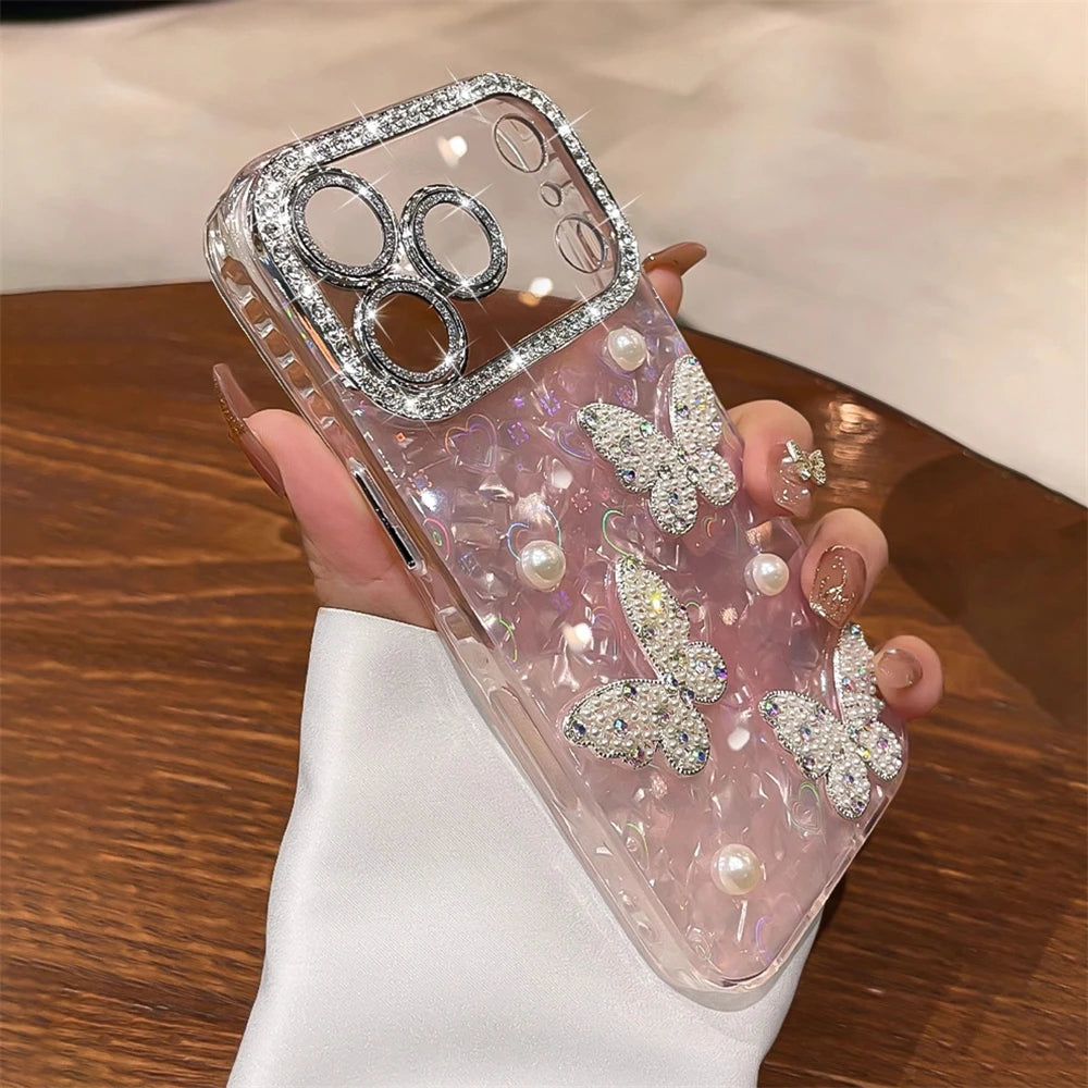 Rhinestone Glitter Lens Shell Pattern Phone Case for iPhone 17 Air 16 15 14 13 12 Pro Max Pearl Butterfly Diamond Camera Cover - Q017