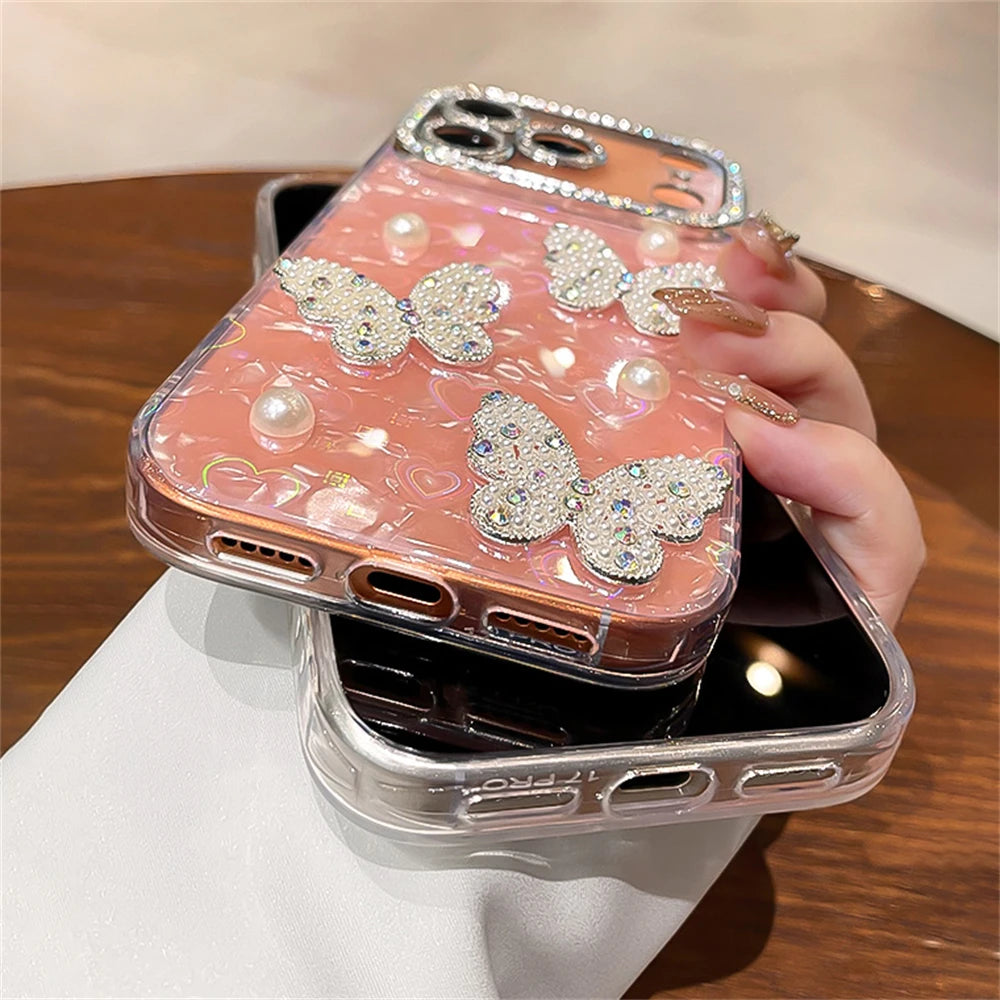 Rhinestone Glitter Lens Shell Pattern Phone Case for iPhone 17 Air 16 15 14 13 12 Pro Max Pearl Butterfly Diamond Camera Cover - Q017