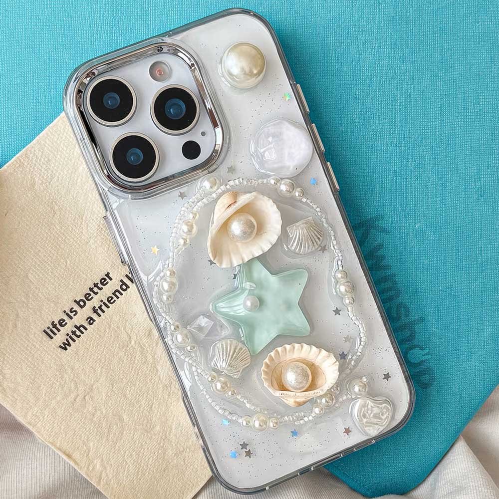 S108 - Trendy Girly Phone Case with 3D Seashells, Starfish & Pearls – Soft Silicone Cover, Anti-Fingerprint & Drop Protection, Handmade Detailing - KwmSHOP
