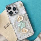 S108 - Trendy Girly Phone Case with 3D Seashells, Starfish & Pearls – Soft Silicone Cover, Anti-Fingerprint & Drop Protection, Handmade Detailing - KwmSHOP