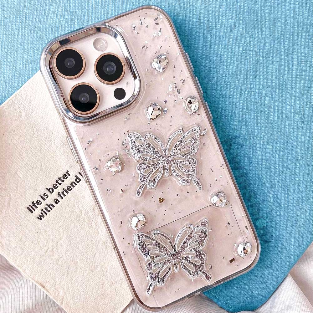 S109 - Shockproof Clear Phone Case – 3D Butterfly & Crystal Decor with Glitter Accents, Anti-Fingerprint & Drop Protection