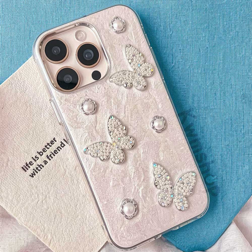 S111 - Trendy Girly Phone Case with 3D Butterflies, Pearls & Rhinestones – Soft Silicone Cover, Elegant Shine & Grip