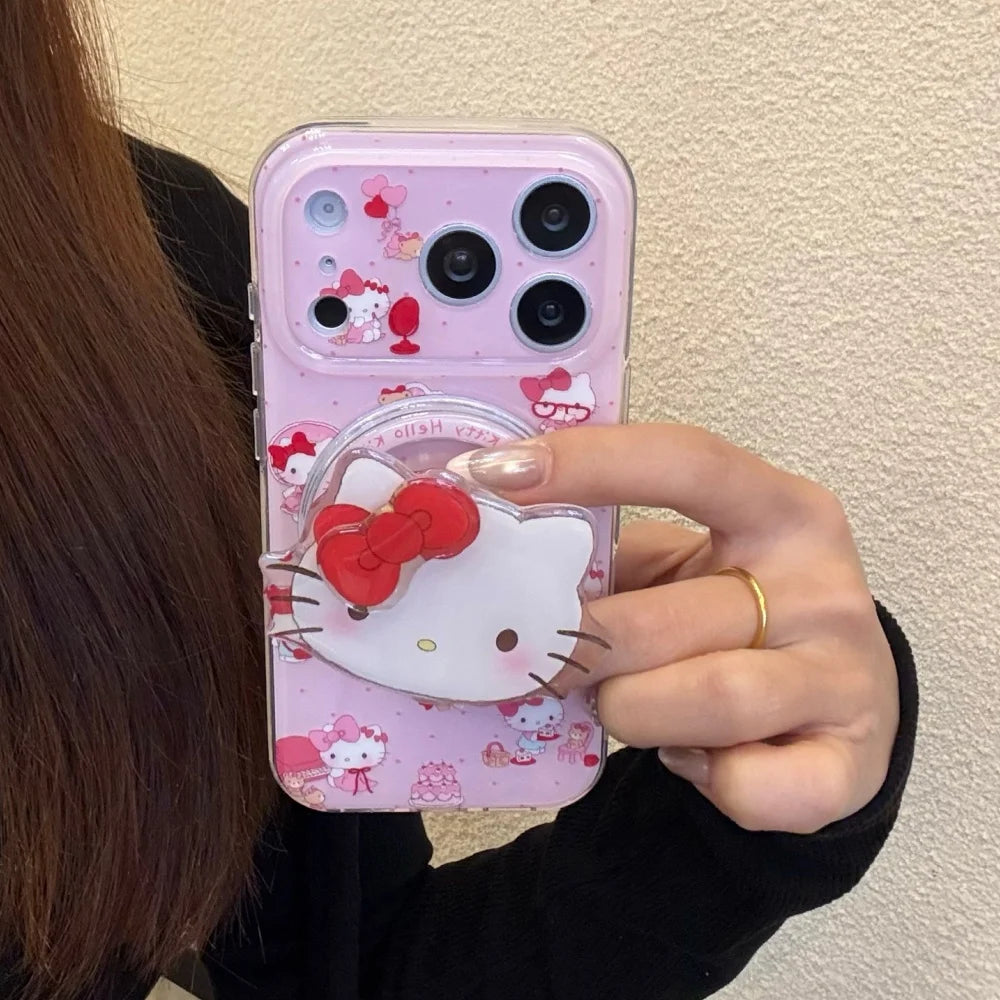 Cute Sanrio KT Magnetic For Magsafe Wireless Charge Phone Case For iPhone 17 Pro Max 16 Pro 15 Pro Max irror Grip Holder Cover