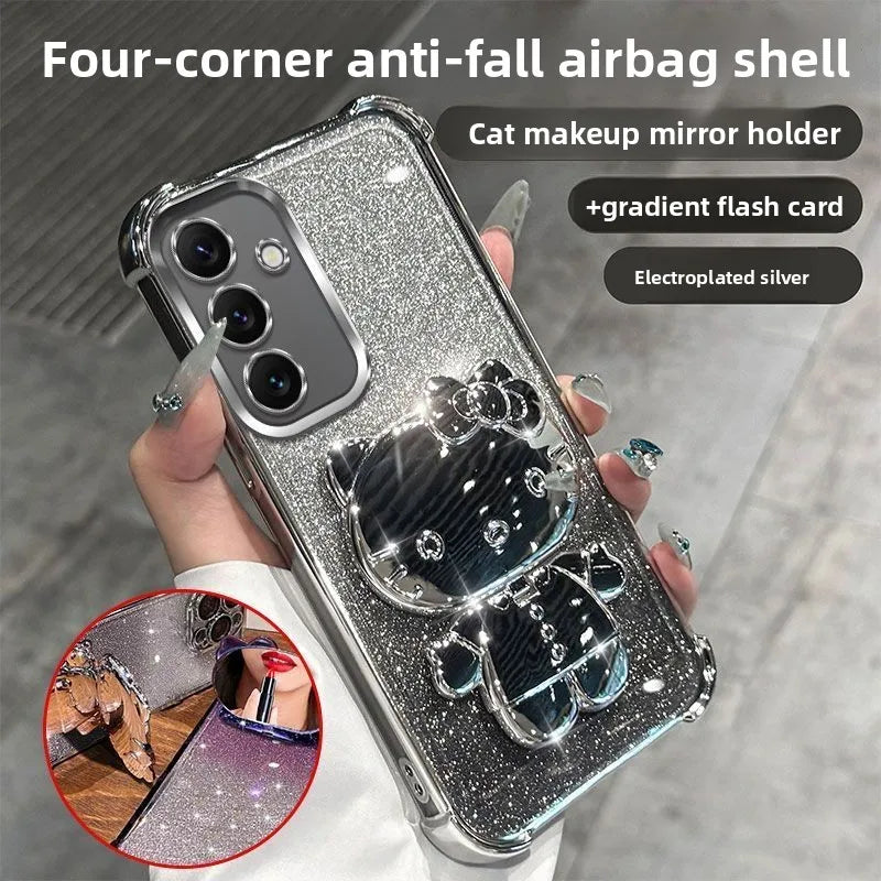Luxury Glitter Mirror Hello Kitty Stand Phone Case For Samsung A57 A37 A27 A17 A07 A56 A36 A26 A16 A06 A55 A35 A25 A15 A05 Cover