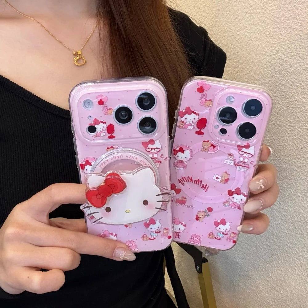 Cute Sanrio KT Magnetic For Magsafe Wireless Charge Phone Case For iPhone 17 Pro Max 16 Pro 15 Pro Max irror Grip Holder Cover
