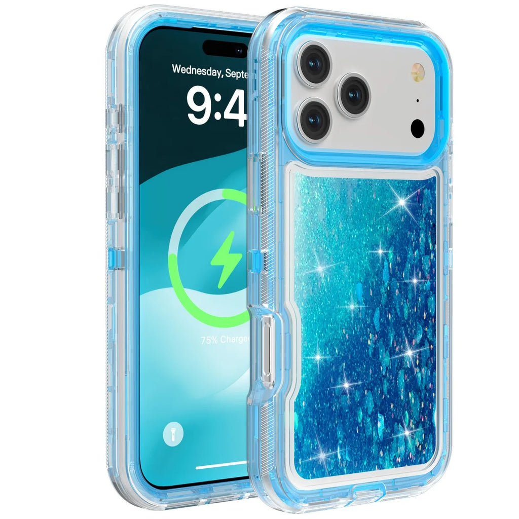 3IN1 OTT Heavy Duty Glitter Liquid Quicksand Box Phone Case For iPhone 18 17Air 16 15 14 Pro Max Military Grade Shockproof Cover - Q119