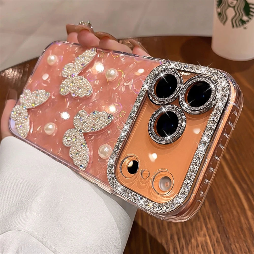 Rhinestone Glitter Lens Shell Pattern Phone Case for iPhone 17 Air 16 15 14 13 12 Pro Max Pearl Butterfly Diamond Camera Cover - Q017