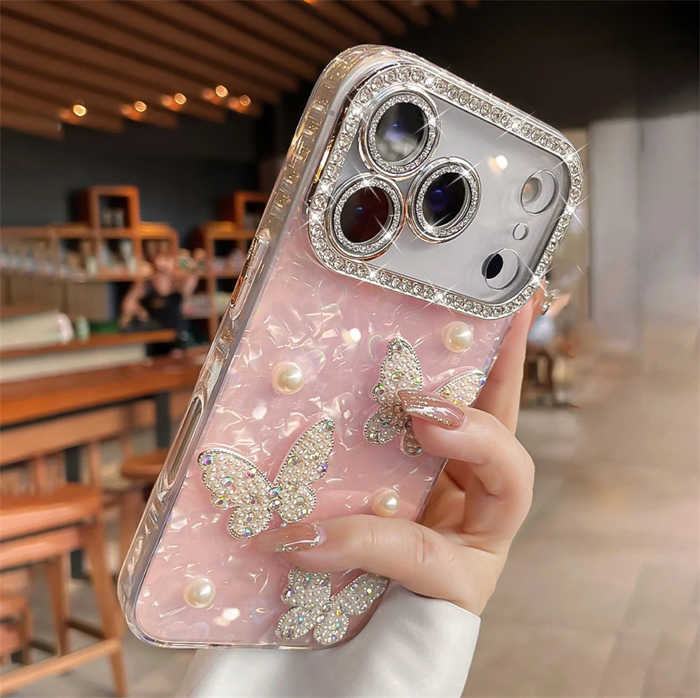 Rhinestone Glitter Lens Shell Pattern Phone Case for iPhone 17 Air 16 15 14 13 12 Pro Max Pearl Butterfly Diamond Camera Cover - Q017