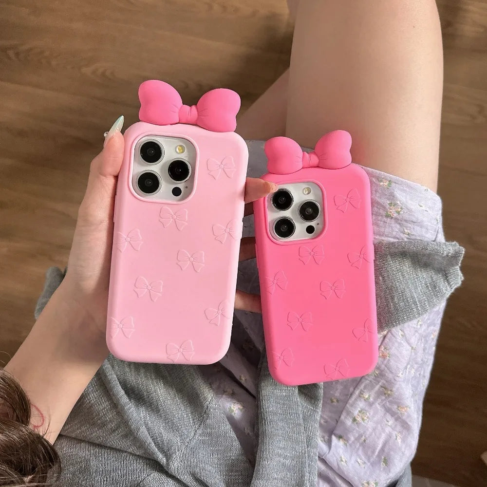 3D Cute Bowknot Cartoon Tie Silicone Phone Case for IPhone 13 14 15 16 Pro Max Plus 17 15pro Shockproof Soft Lovely Cover - H129