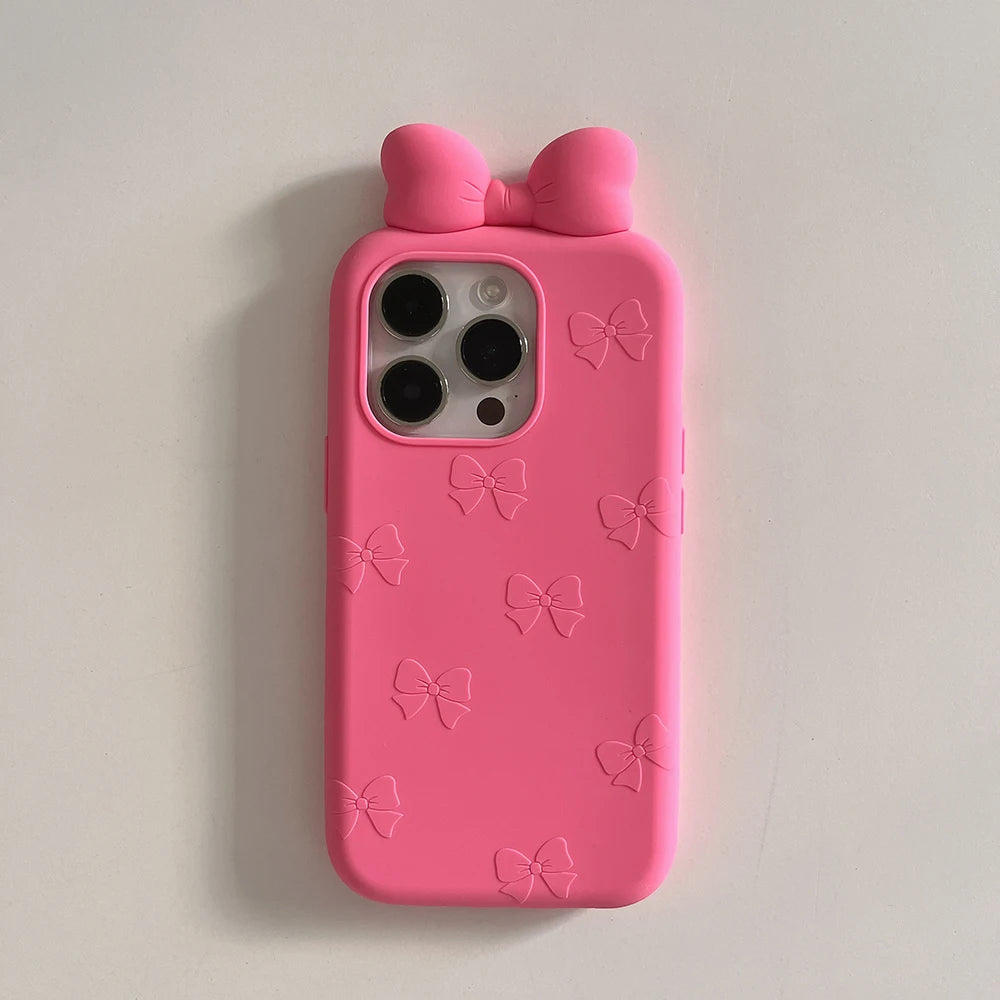 3D Cute Bowknot Cartoon Tie Silicone Phone Case for IPhone 13 14 15 16 Pro Max Plus 17 15pro Shockproof Soft Lovely Cover - H129