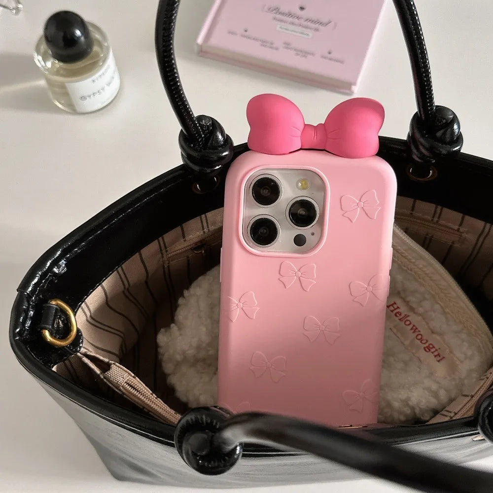 3D Cute Bowknot Cartoon Tie Silicone Phone Case for IPhone 13 14 15 16 Pro Max Plus 17 15pro Shockproof Soft Lovely Cover - H129