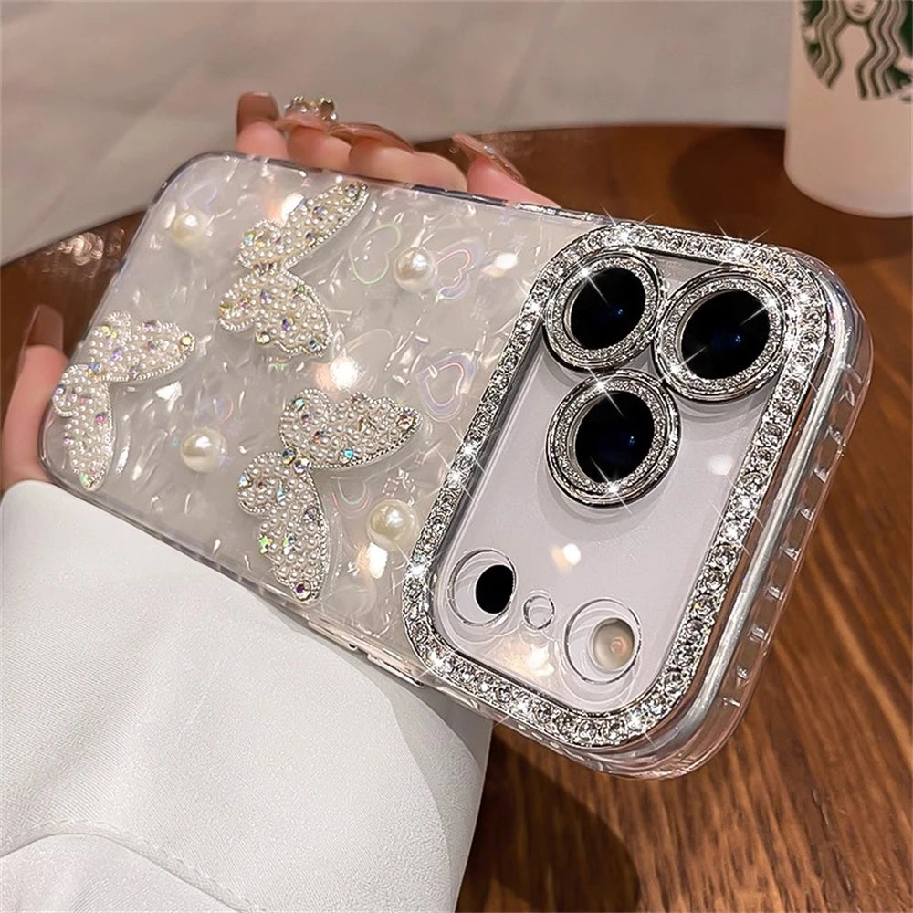 Rhinestone Glitter Lens Shell Pattern Phone Case for iPhone 17 Air 16 15 14 13 12 Pro Max Pearl Butterfly Diamond Camera Cover - Q017