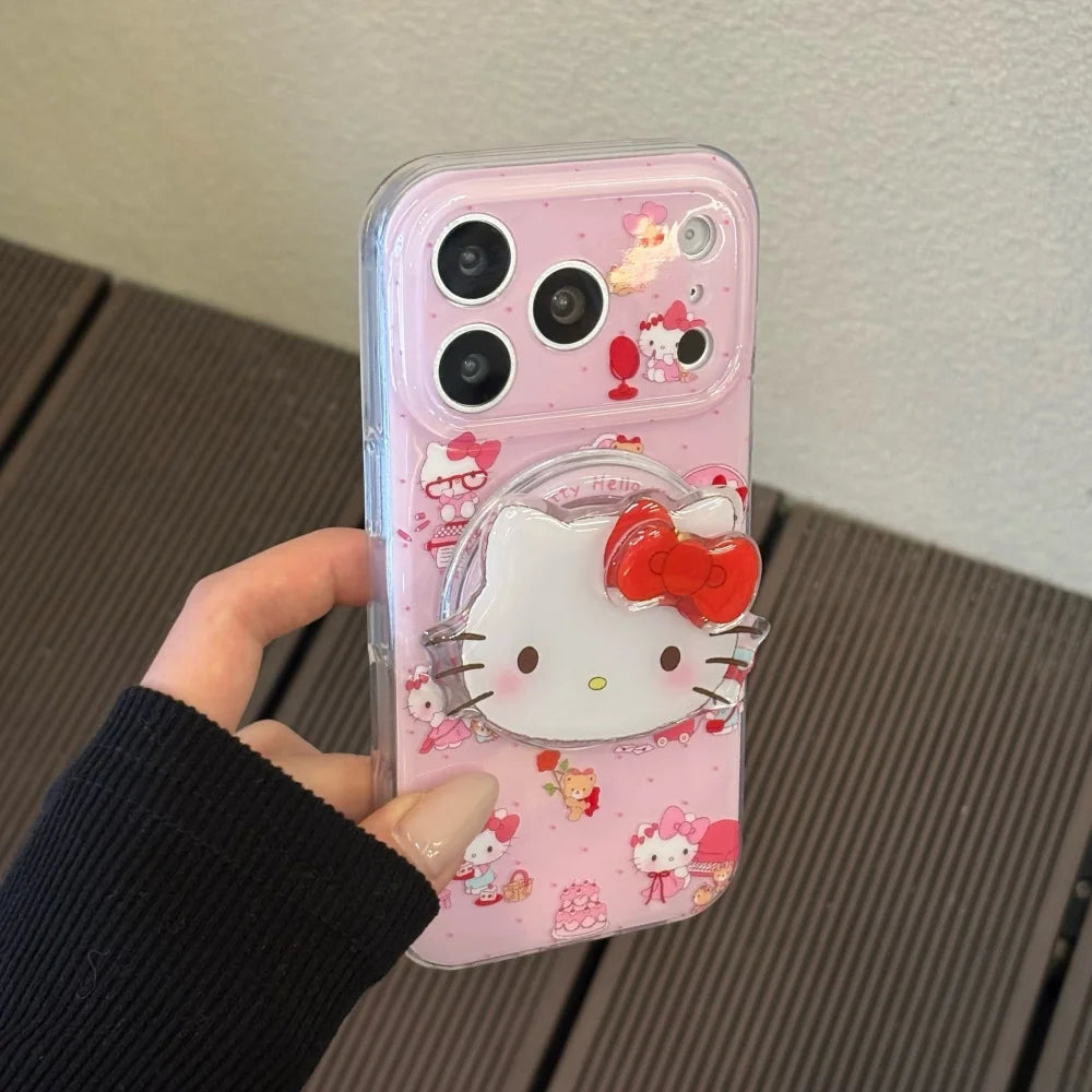 Cute Sanrio KT Magnetic For Magsafe Wireless Charge Phone Case For iPhone 17 Pro Max 16 Pro 15 Pro Max irror Grip Holder Cover