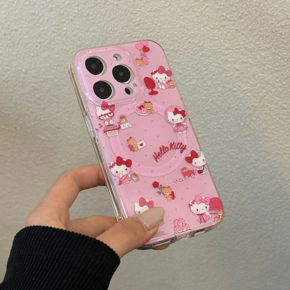 Cute Sanrio KT Magnetic For Magsafe Wireless Charge Phone Case For iPhone 17 Pro Max 16 Pro 15 Pro Max irror Grip Holder Cover