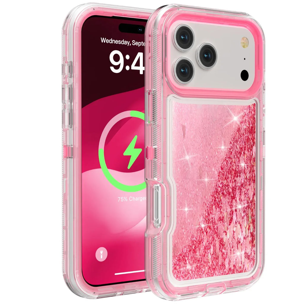 3IN1 OTT Heavy Duty Glitter Liquid Quicksand Box Phone Case For iPhone 18 17Air 16 15 14 Pro Max Military Grade Shockproof Cover - Q119