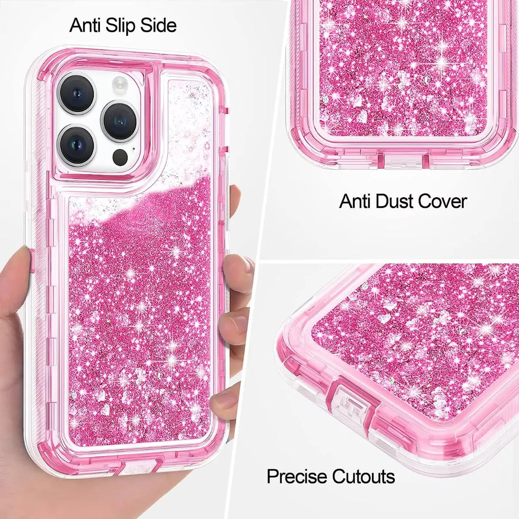 3IN1 OTT Heavy Duty Glitter Liquid Quicksand Box Phone Case For iPhone 18 17Air 16 15 14 Pro Max Military Grade Shockproof Cover - Q119