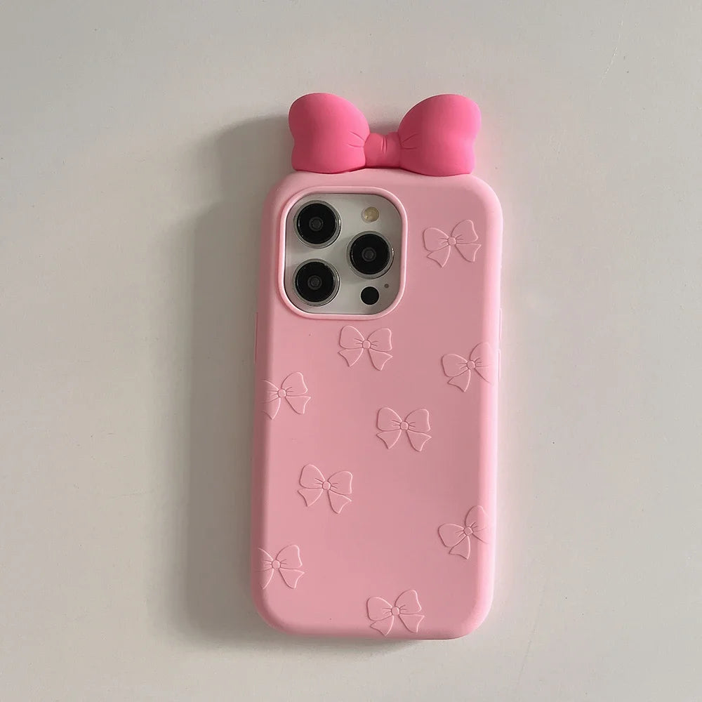 3D Cute Bowknot Cartoon Tie Silicone Phone Case for IPhone 13 14 15 16 Pro Max Plus 17 15pro Shockproof Soft Lovely Cover - H129