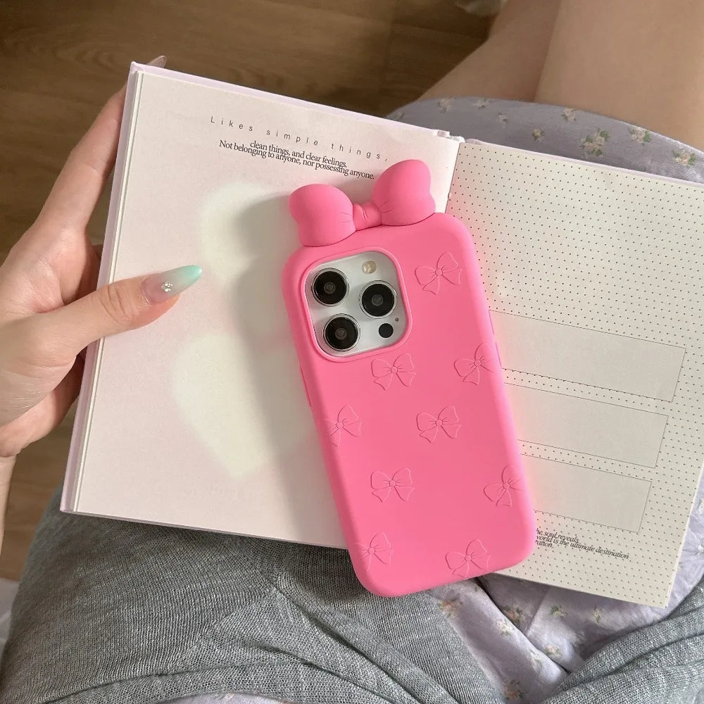3D Cute Bowknot Cartoon Tie Silicone Phone Case for IPhone 13 14 15 16 Pro Max Plus 17 15pro Shockproof Soft Lovely Cover - H129