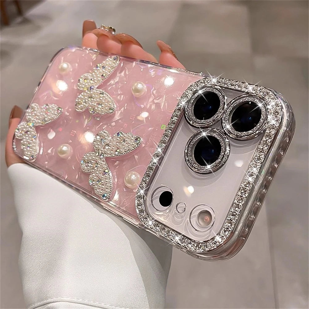 Rhinestone Glitter Lens Shell Pattern Phone Case for iPhone 17 Air 16 15 14 13 12 Pro Max Pearl Butterfly Diamond Camera Cover - Q017