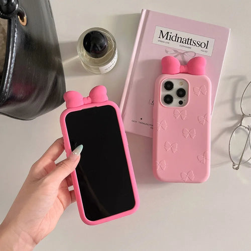 3D Cute Bowknot Cartoon Tie Silicone Phone Case for IPhone 13 14 15 16 Pro Max Plus 17 15pro Shockproof Soft Lovely Cover - H129
