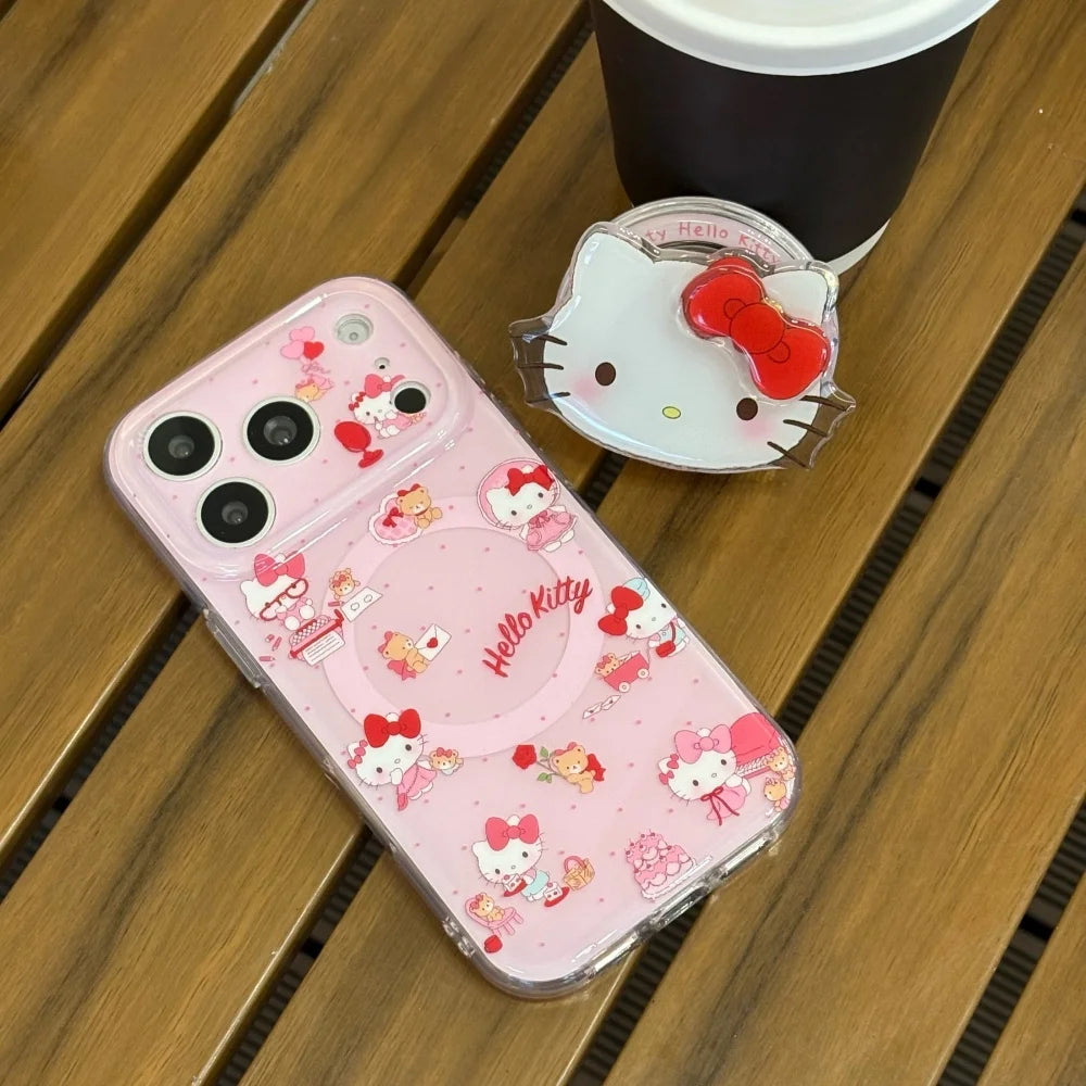 Cute Sanrio KT Magnetic For Magsafe Wireless Charge Phone Case For iPhone 17 Pro Max 16 Pro 15 Pro Max irror Grip Holder Cover