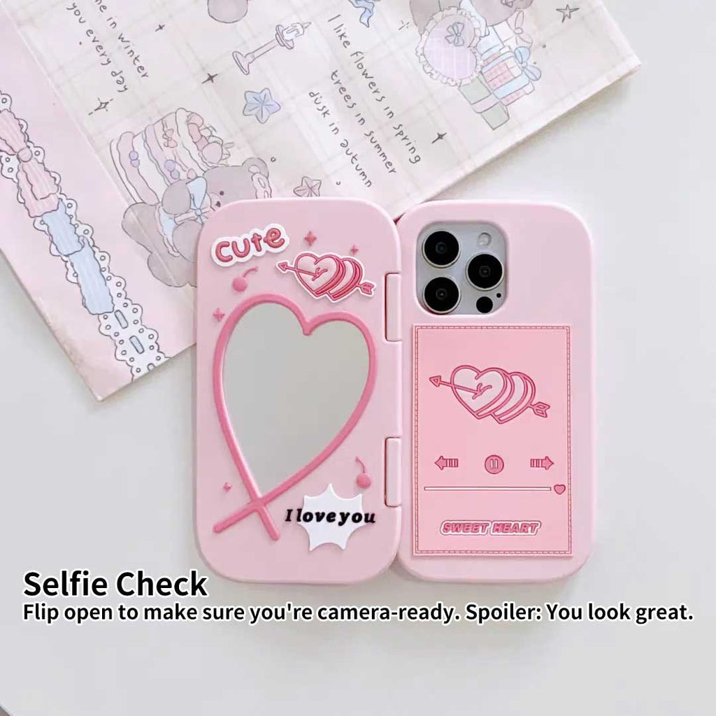 Cute Love Mirror Hot Pink clamshell silicone phone case for iPhone 16 15 Pro 14 13 Pro Max 15 Shockproof soft cover Girl Gift - Q214