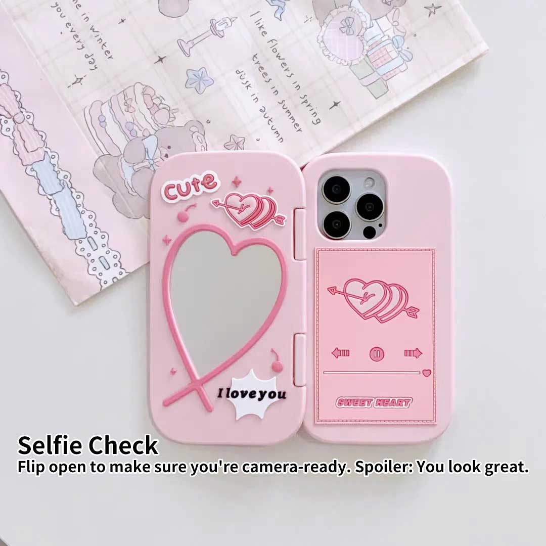 Cute Love Mirror Hot Pink clamshell silicone phone case for iPhone 16 15 Pro 14 13 Pro Max 15 Shockproof soft cover Girl Gift - Q214