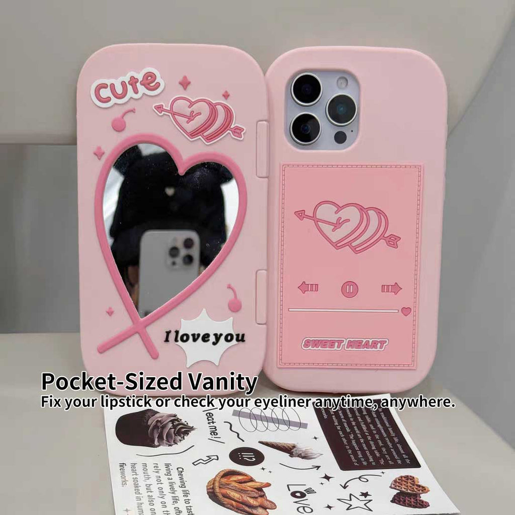 Cute Love Mirror Hot Pink clamshell silicone phone case for iPhone 16 15 Pro 14 13 Pro Max 15 Shockproof soft cover Girl Gift - Q214