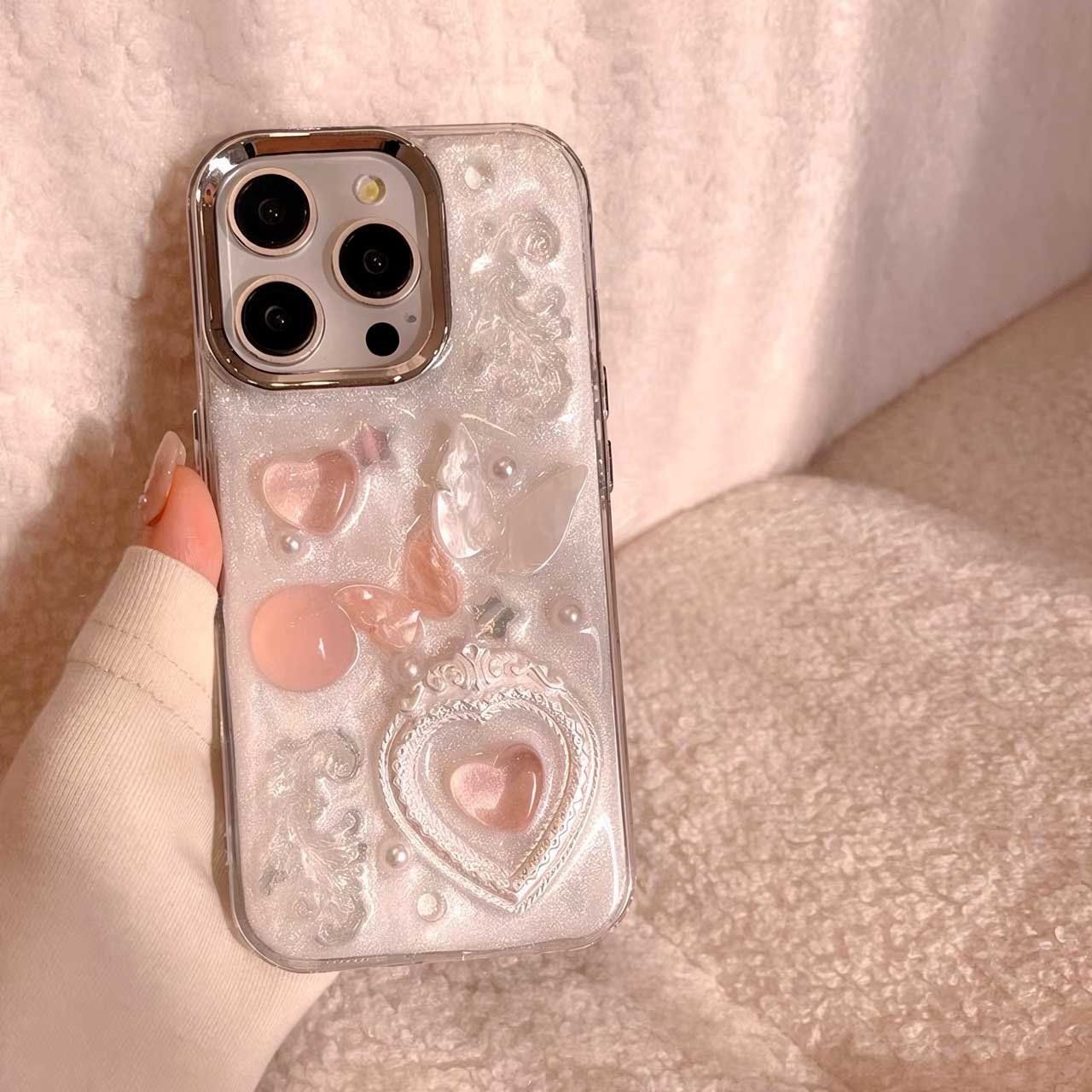 S105 - Romantic Epoxy Resin Phone Case with 3D Hearts & Butterflies – Cute Girly Style Soft TPU Bumper, Sparkle Finish