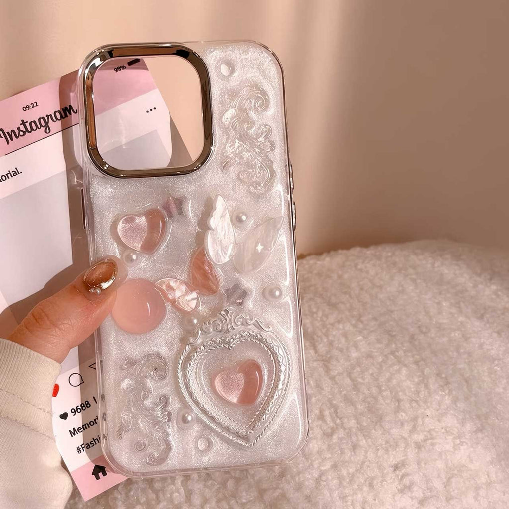 S105 - Romantic Epoxy Resin Phone Case with 3D Hearts & Butterflies – Cute Girly Style Soft TPU Bumper, Sparkle Finish