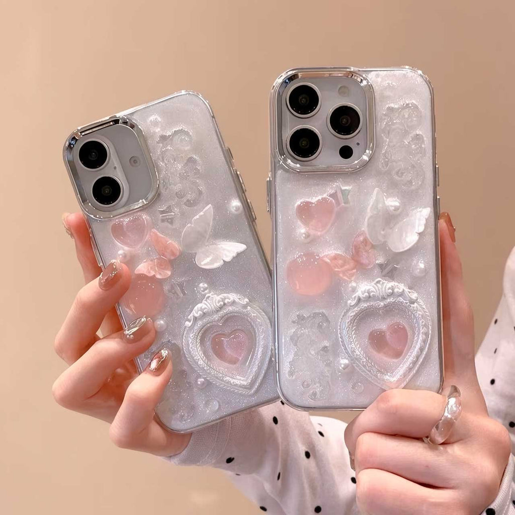 S105 - Romantic Epoxy Resin Phone Case with 3D Hearts & Butterflies – Cute Girly Style Soft TPU Bumper, Sparkle Finish